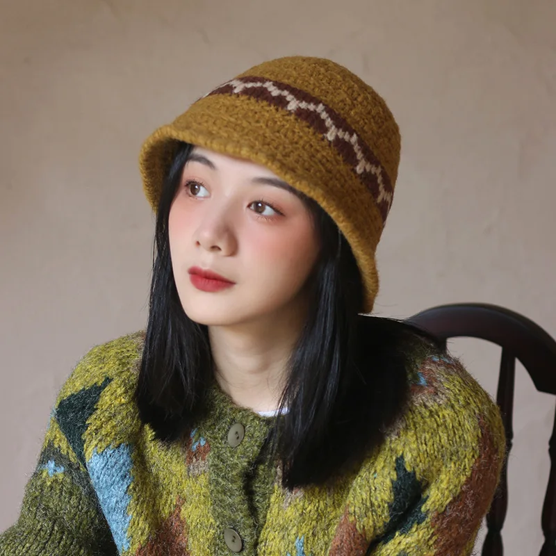 

Korean Striped Knitted Bucket Hat Autumn and Winter Women Retro Literature and Art Versatile Warm Crocheted Fisherman Cap