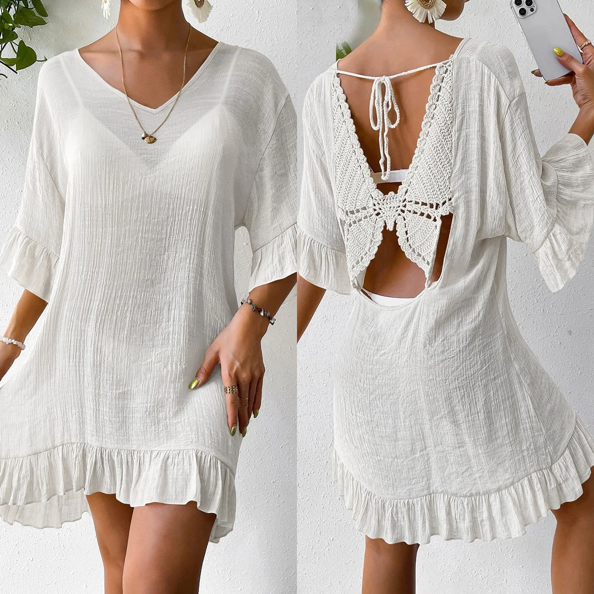 Women's Ruffled Half Sleeve Backless Crochet Butterfly Tunic Beach Bikini Cover Up Beach Skirt Beach Wear
