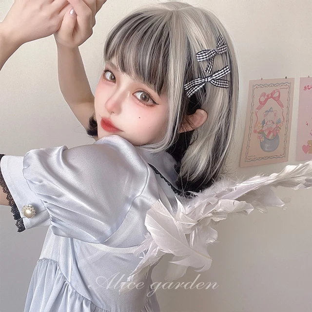 OLACARE Short Black Gray Highlight Bangs Synthetic Wig Lolita Cosplay Fashion Daily High Temperature Resistant Wig Woman 4