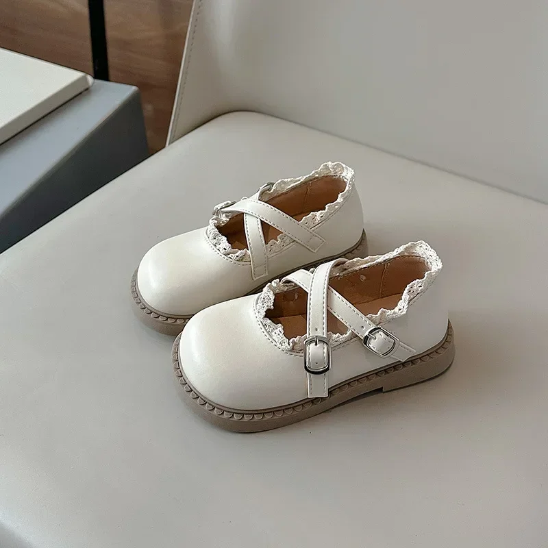 Children's Leather Shoes Chic Ruffled Edge Versatile Princess Shoes for Girls Fashion Simple New Kids Causal Flat Non-slip