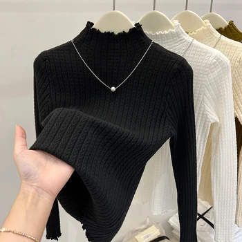 الخريف الشتاء نصف عالية الياقة الكشكشة سترة المرأة طويلة الأكمام محبوك بسيط قاعدة طبقة البلوفرات المرأة الصلبة سترة غير رسمية 3