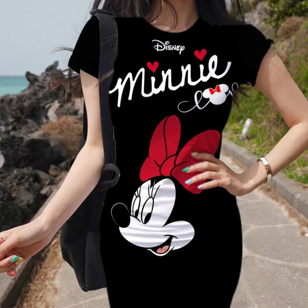 

Elegant Dress Disney Mickey Mouse Woman Dresses Office Long Sleeved Slim fit Mini Skirt Women's Round Neck Pleated Party Pleated