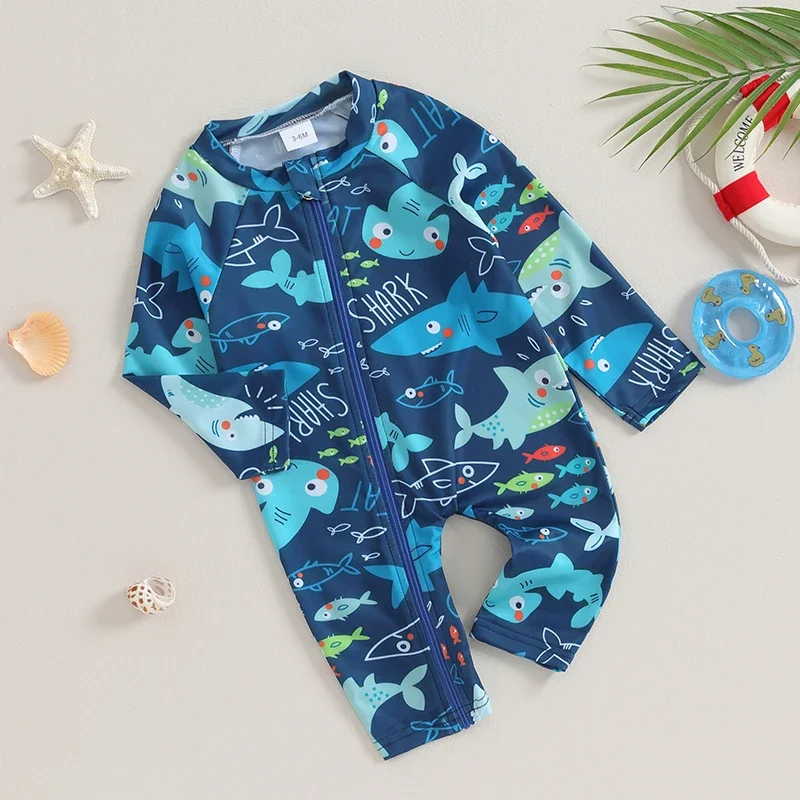 Baby Boy Shark/Spider Print Swimsuit Infant Toddler Boys Swimwear Rash Guard Zipper 1 Piece Long Sleeve Beach Bathing Suits