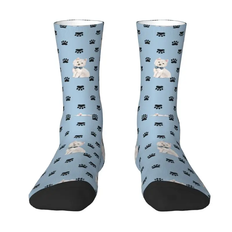 

West Highland White Terrier Paw Print Pattern Men Women Crew Socks Unisex Cute 3D Print Westie Dog Dress Socks