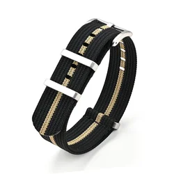 Ribbed Nylon Military - Style Watch Strap - Breathable Fabric Replacement Band - 22mm (Black khaki black)