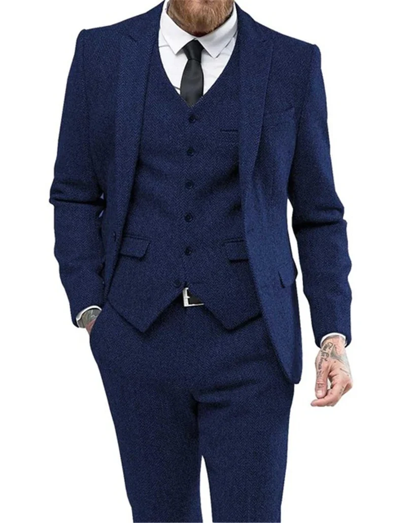 

Men's Suits 3 Pieces Black Wool Herringbon Slim Fit Casual Formal Business Groomsmen Tweed Tuxedos for Wedding Blazer+Pants+Vest