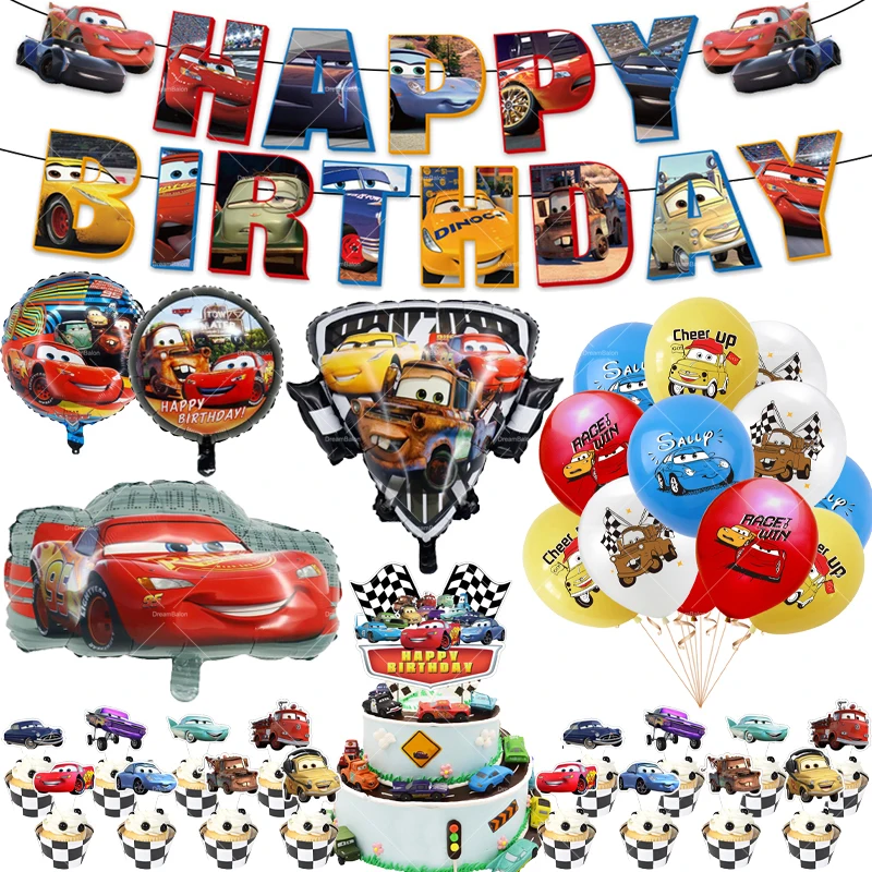 thumbnail image 1 of Globos de Disney Cars, decoración para fiesta de Rayo Mcqueen, pancarta de feliz cumpleaños, vajilla de Pixar, telón de fondo, adorno para tarta de coche de carreras, 1 of 5