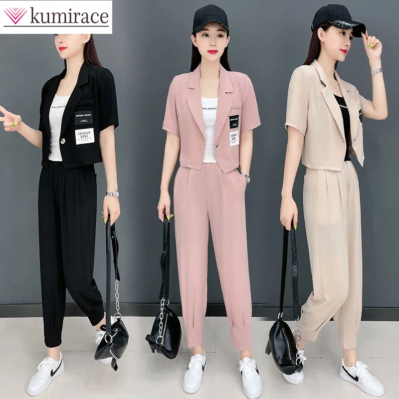 2022 New Fashion Short Sleeve Suit Elegant Women Summer Korean Version Workplace Versatile Office Short Suit Leggings Two-piece