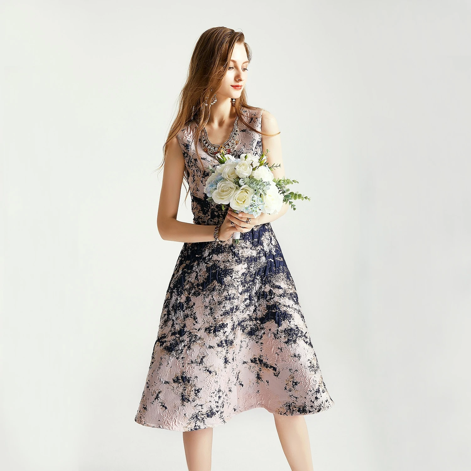 

Knee Length Mother of the Bride Dress O Neck Sleeveless A-Line Floral Print Elegant Vacation Daily Formal Evening Woman Gown New