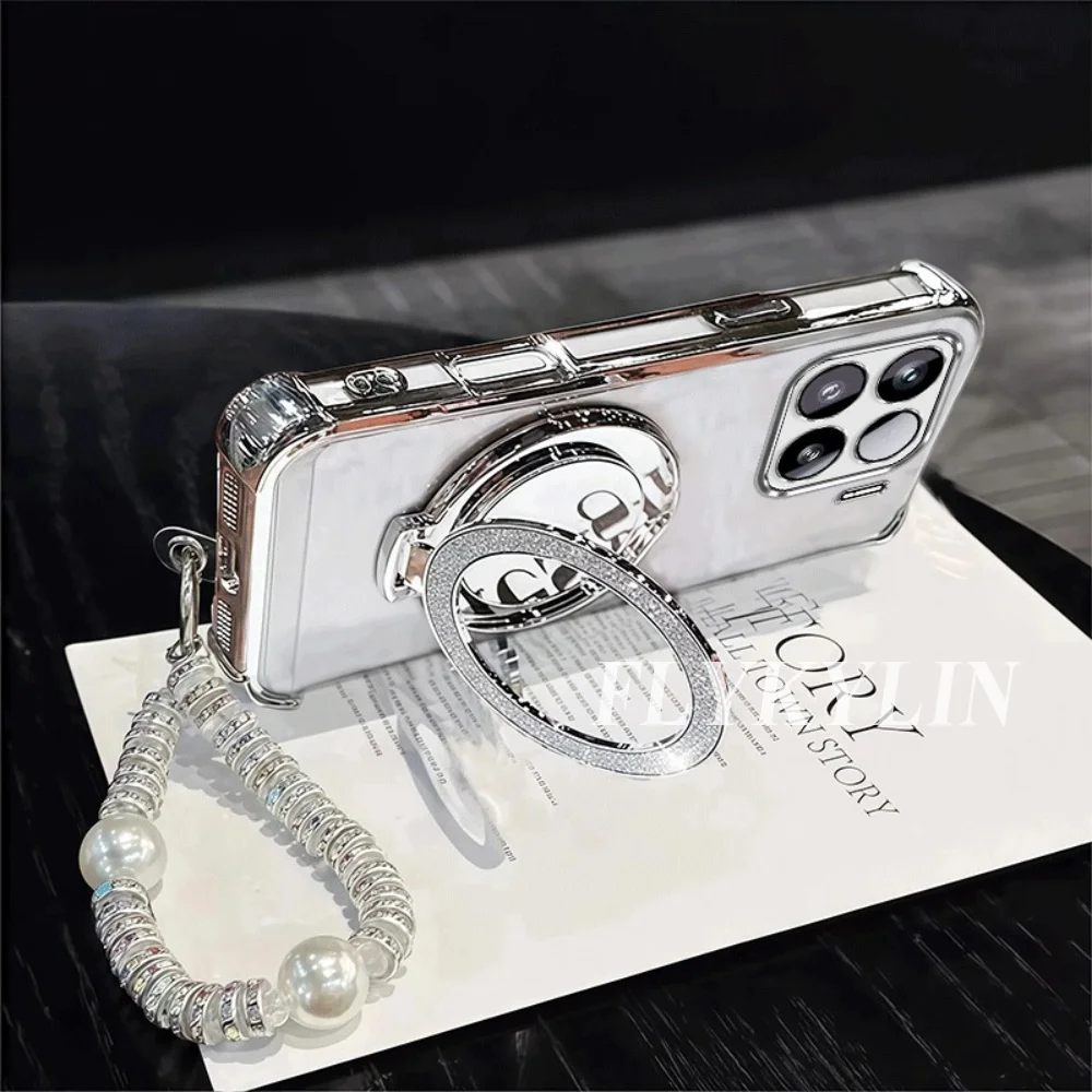 Transparent Protective Soft Shell with Pearl Bracelet and Mirror Holder