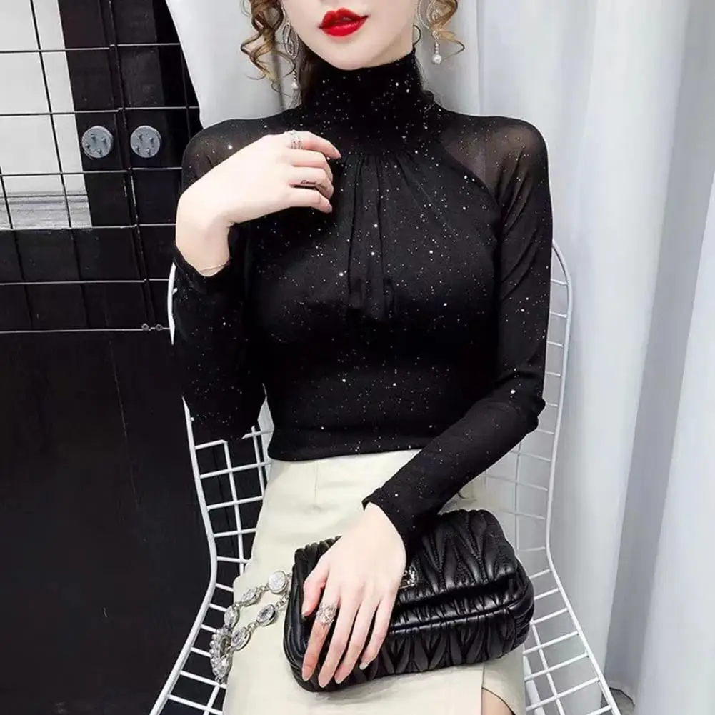 

Korean fashion Women Mesh top High neck Sexy Black bottoming t shirt Casual Bright silk Lady shirt Blusa