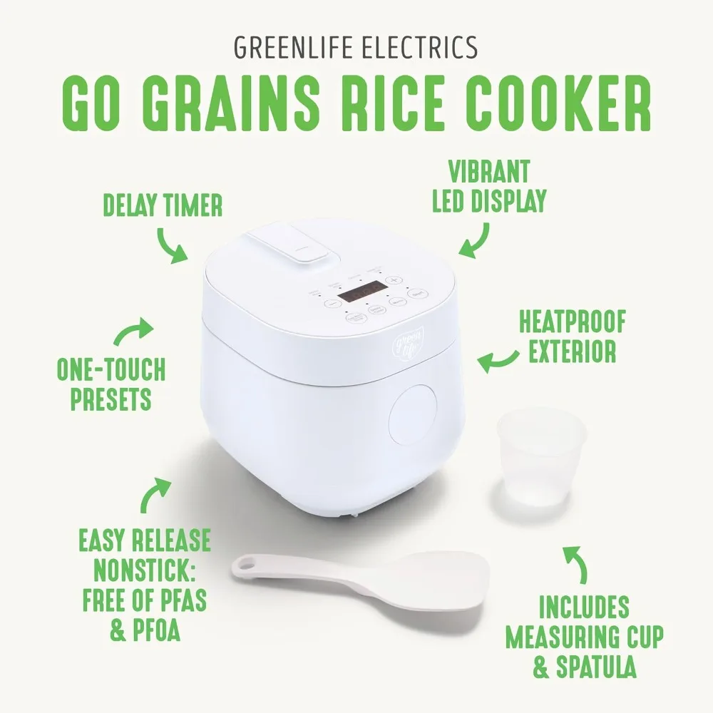2024 GreenLife 4-Cup Digital Rice Cooker, PFAS & PFOA-Free Removable Ceramic Dishwasher Safe Pot, Healthy Cooking Oats Grains