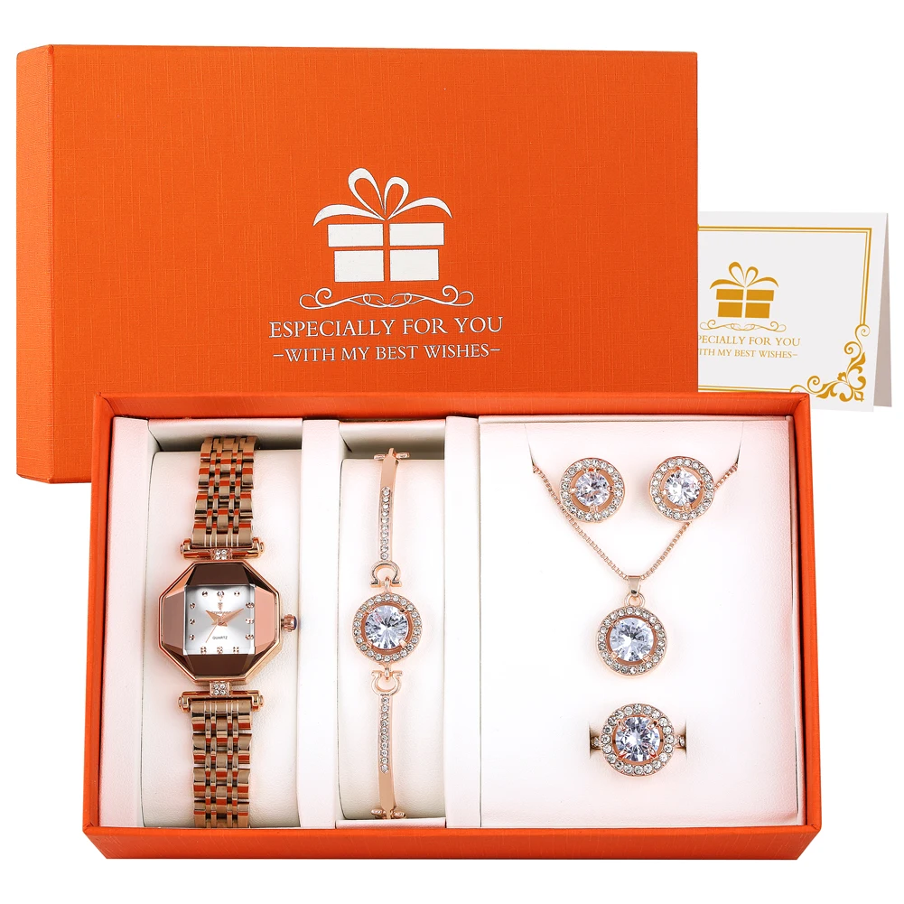 Exquisite Jewellery Gift Box for ladY Premium Rose Gold Quartz Watch with Bracelet Necklace Fashion Set New Year Gifts to Wife