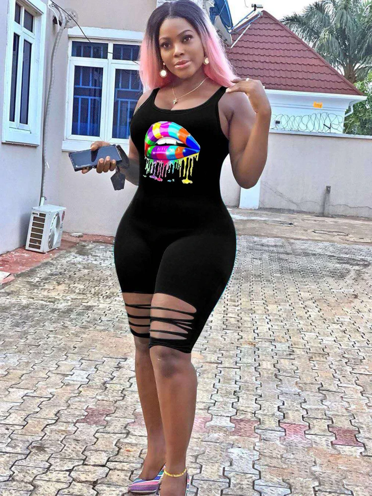 Women's Summer Jumpsuit Lip Print Sleeveless Fashion High Elastic Short Jumpsuit Street Wear