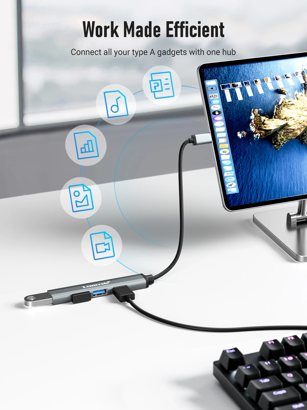 Lemorele-hub Usb 3.0 para Laptop Adaptador Multi Splitter Cabo Longo Otg Portas tipo c Acessórios para Xiaomi Lenovo Macb - Imagem 6