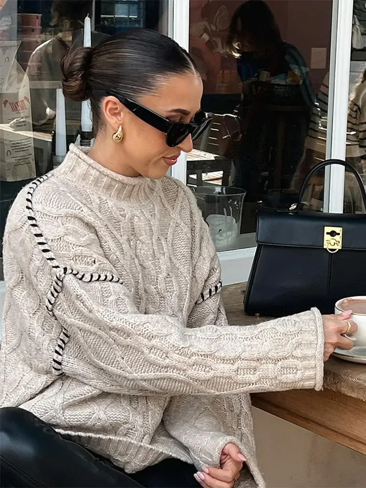 

Зимний плотный свитер с ложным воротником для женщин, осенние свободные вязаные джемперы с длинным рукавом, женские повседневные теплые трикотажные джемперы 2023