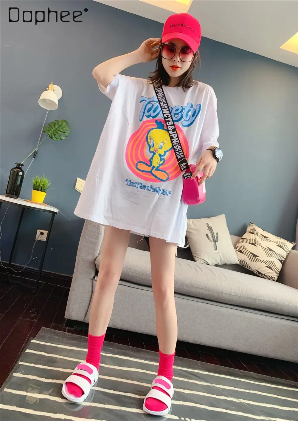 

2023 Spring Summer New Cartoon Duck Printed Round Neck Cotton Top Women's Korean-Style Mid-Length Short Sleeve T-shirt Female