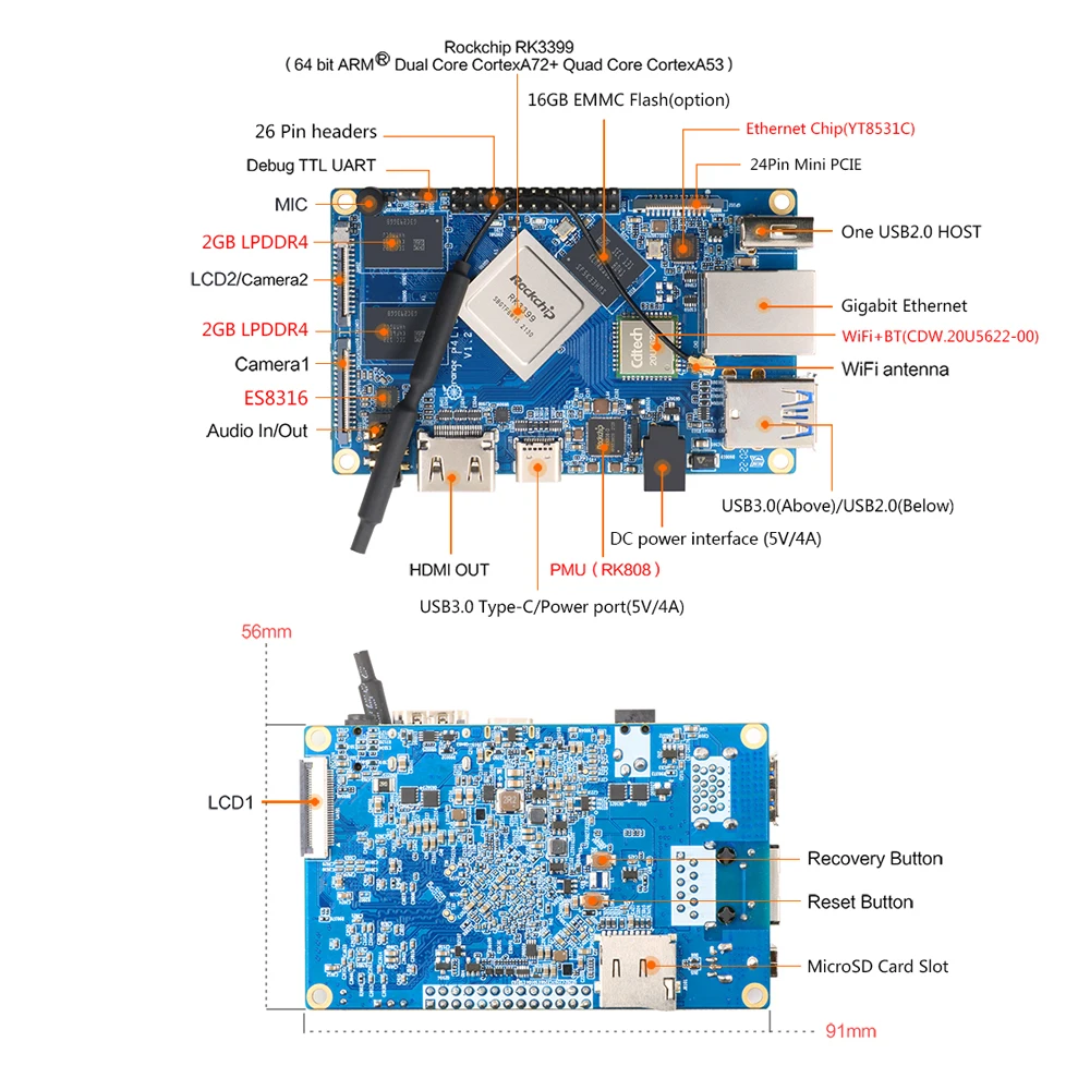 Orange Pi 4 LTS 4GB RAM 16GB EMMC Ĩ RK3399 1.8Ghz WiFi BT 5.0 ⰡƮ ̴ PCIE RK808 PMU ɼ 濭, OPI 4 LTS