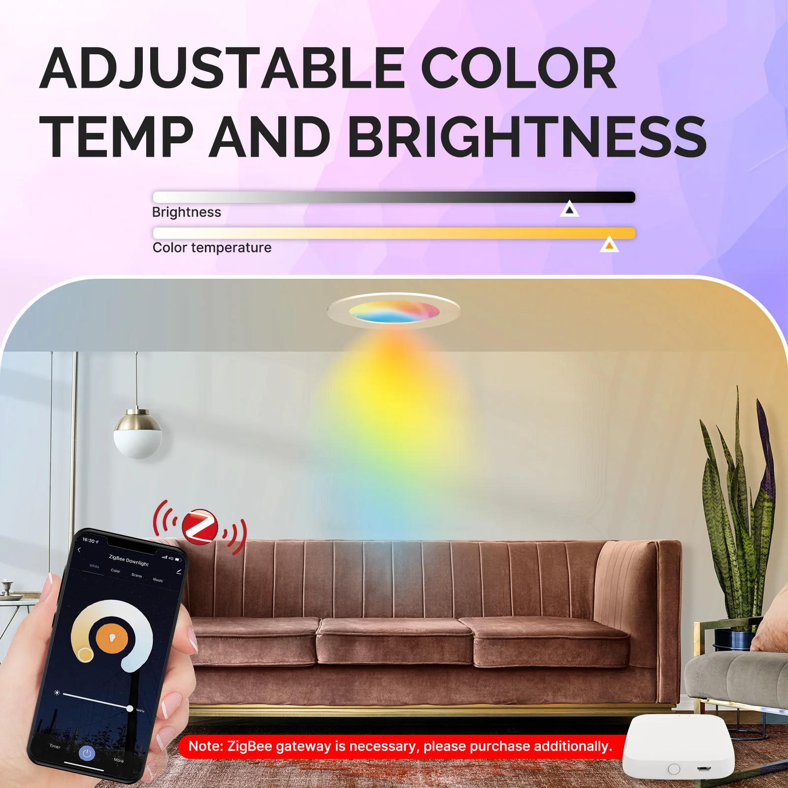 MOES ZigBee 다운라이트 투야 얇은 디밍 스폿 램프, RGB 변화, 따뜻한 쿨 라이트, 알렉사 구글 홈, 스마트 라이프, 파티에서 작동, 6W