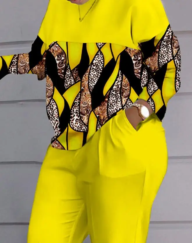 Two Piece Set Women Outfit 2023 Spring Fashion Leopard Print Colorblock Round Neck Long Sleeve Top & Casual Pocket Pants Set