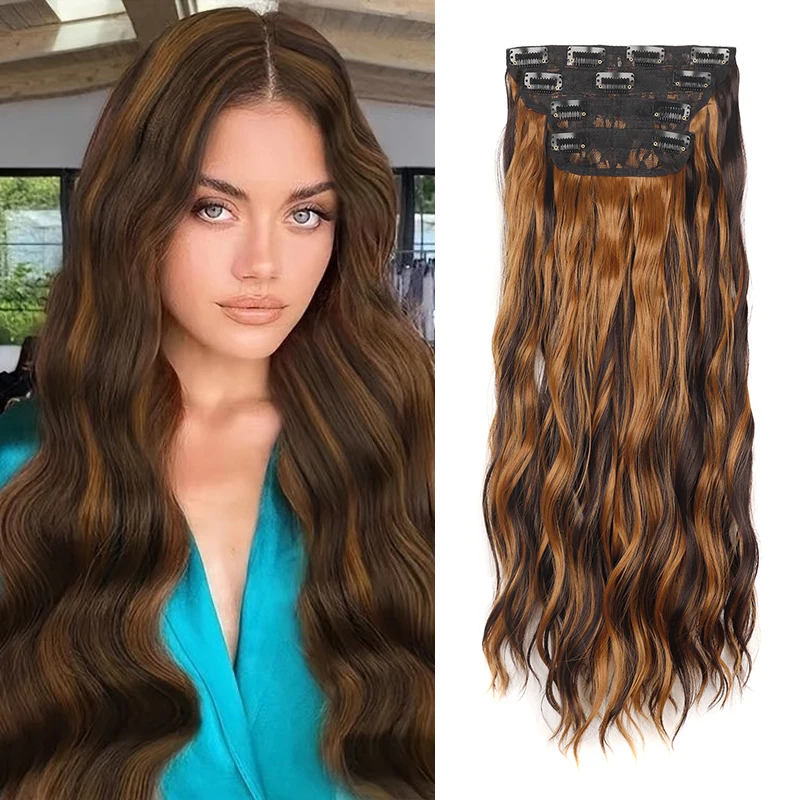 

Long Wavy Hair Extensions for Women 20 Inch Wave Ombre Black Brown Clip in Synthetic Hair Extensions 4pcs/Set Thick Hairpieces