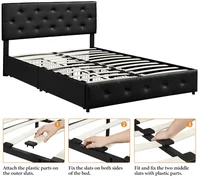 Queen Size Upholstered Bed Frame with 4 Drawers and Adjustable Headboard, Faux Leather Platform Bed with Mattress Foundation St 6
