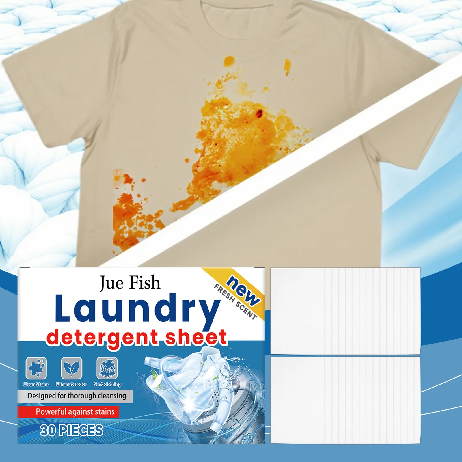 Jue Fish Laundry Detergent (30 Pieces) - Gentle on Skin, Powerful Stain Removal for Daily Clothing