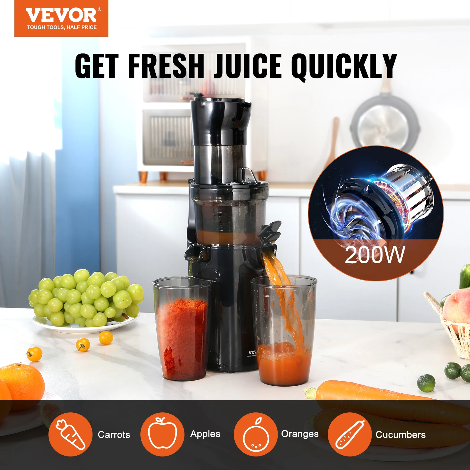 VEVOR Masticating Juicer Cold Press Juicer Machine 2.6" Large Feed Chute Slow Juicer Juice Extractor Maker with High Juice Yield 2
