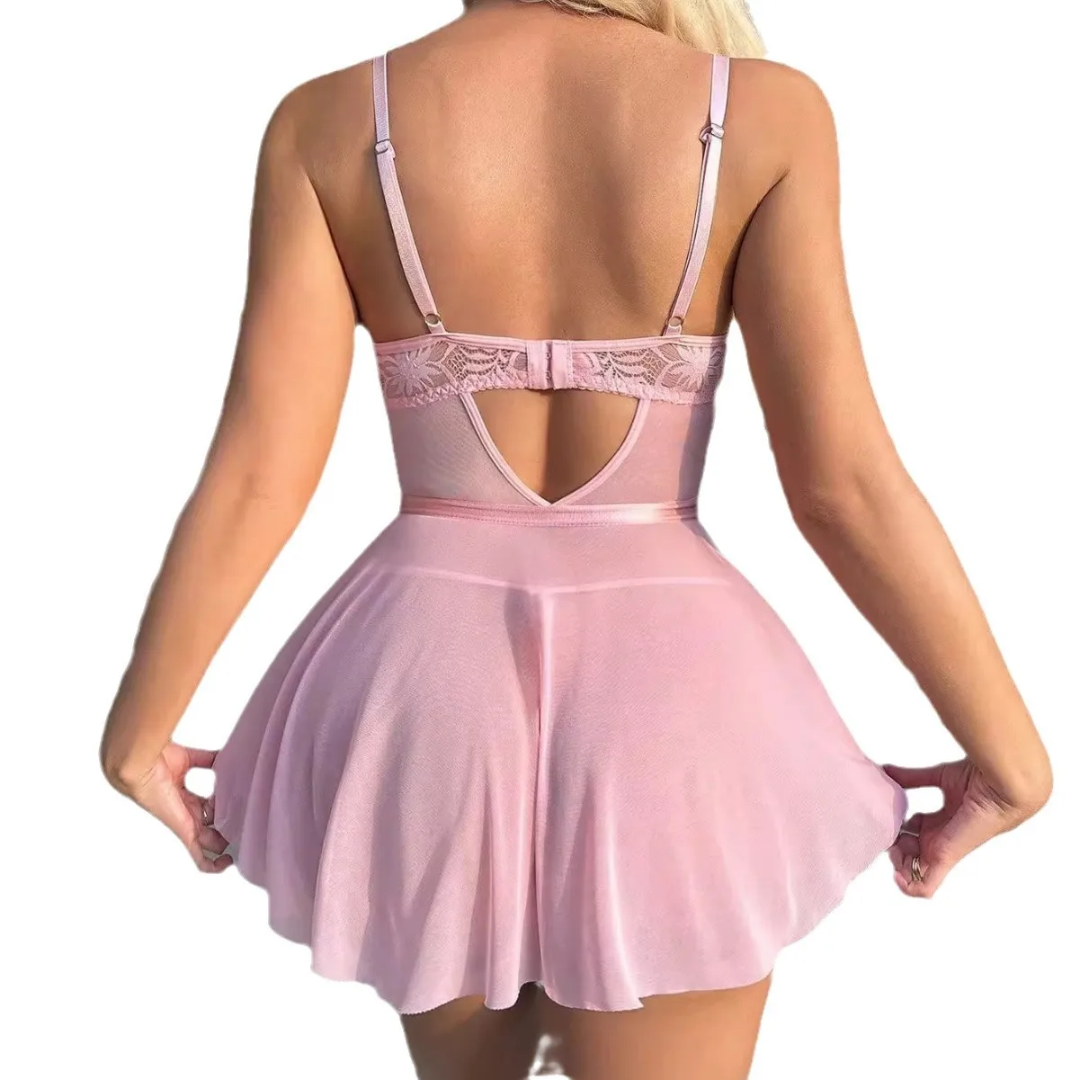 Sexy Pink Babydoll Lingerie Women Lace Nightgown Sheer Mesh Sleeveless Sleepwear A Line Gown Romantic Fashion New Arrival Hot