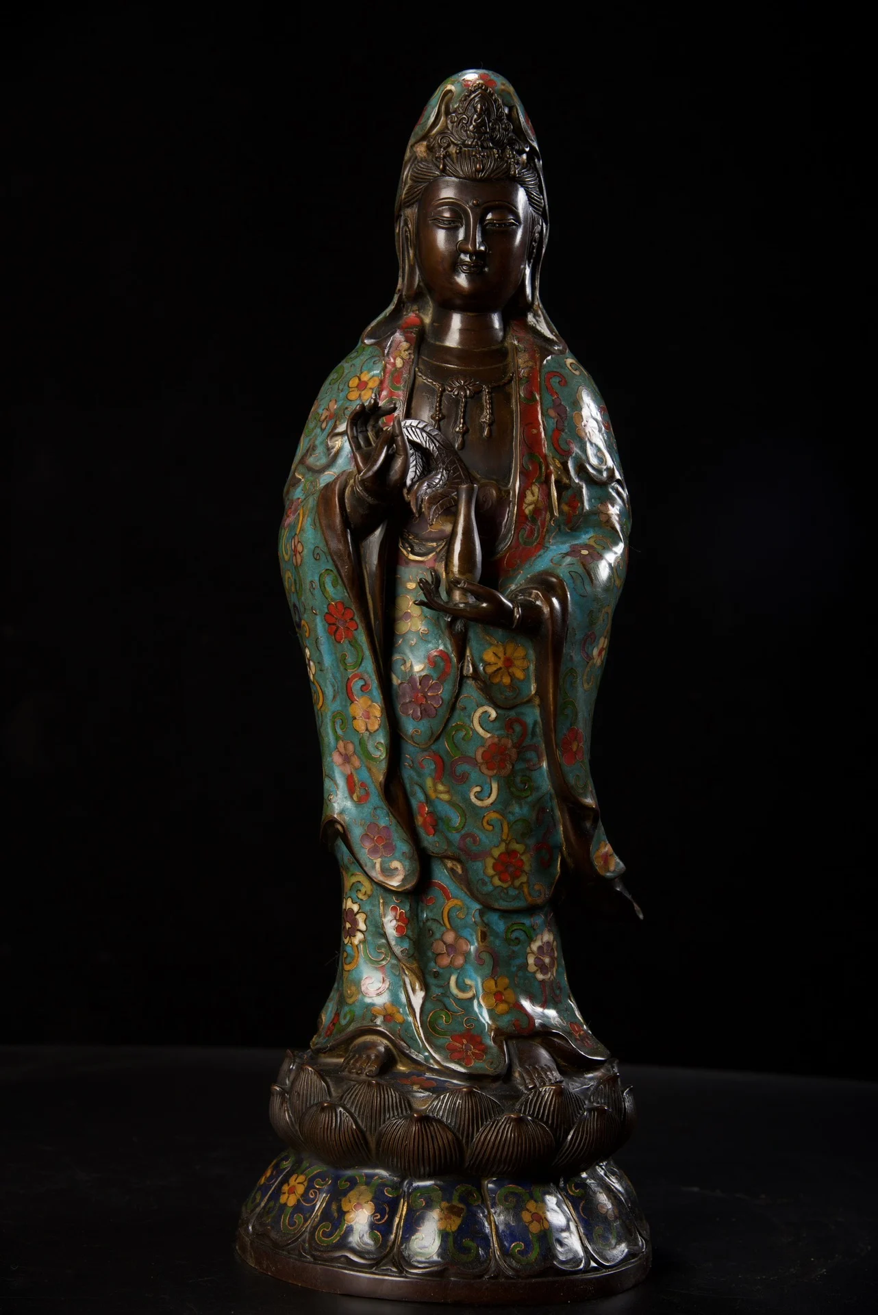 

18"Tibetan Temple Collection Old Bronze Cloisonne Enamel Bottle Guanyin Bodhisattva Lotus stage Standing Buddha Worship Hall
