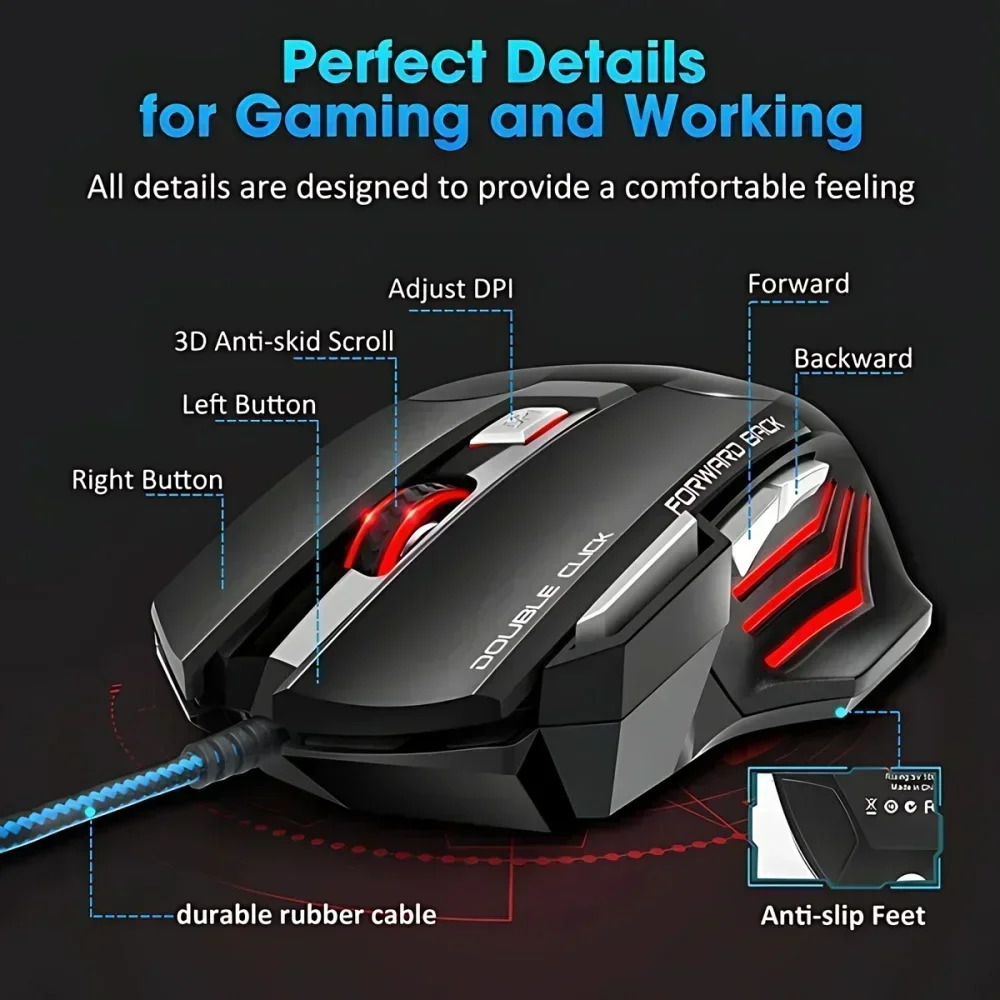 Computer Mouse Gamer Ergonomic Gaming Mouse USB Wired 5500 DPI with LED Backlight 7 Button for PC Laptop