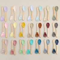 2PCS Silicone Spoon Fork For Baby Utensils Set Baby Feeding Spoon Cutlery Food Grade Material Wooden Handle Spoon Baby Items 1