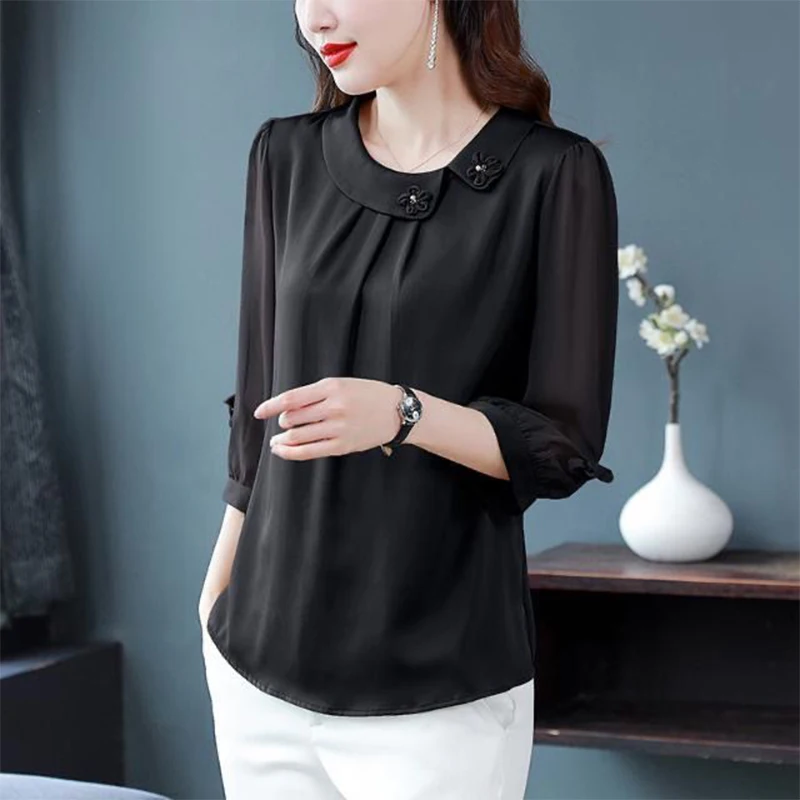 Zomer Nieuwe Effen Kleur Pop Kraag Patchwork Blouse Dames Elegante Mode 3/4 Mouwen All-Match Vintage Top Vrouwen Chiffon Shirt