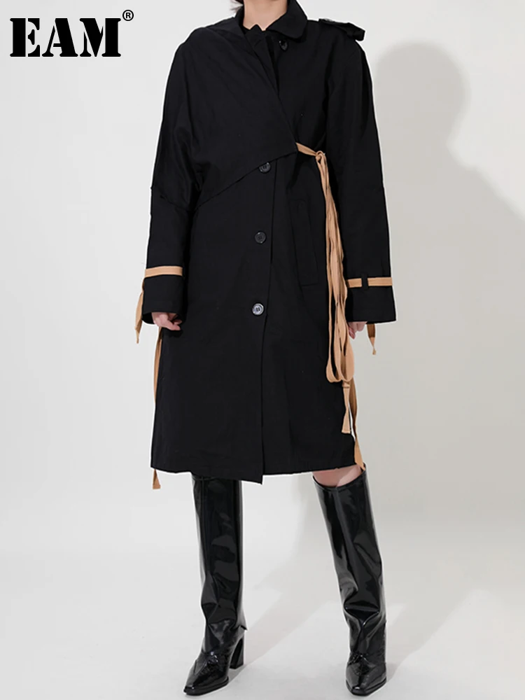 

[EAM] Women Ribbon Bandage Long Big Size Trench New Lapel Long Sleeve Loose Fit Windbreaker Fashion Tide Spring Autumn 2023 A690