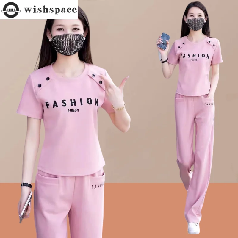 Leisure Sportswear Set for Women's Spring and Summer 2024 New Pink Short Sleeved T-shirt Wide Leg Pants Two-piece Set