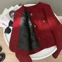 2024 Winter New Fleece Thickened Tweed Style Women's Jacket Elegant Fashionable Petite Cropped Top Red Color Denim Coat
