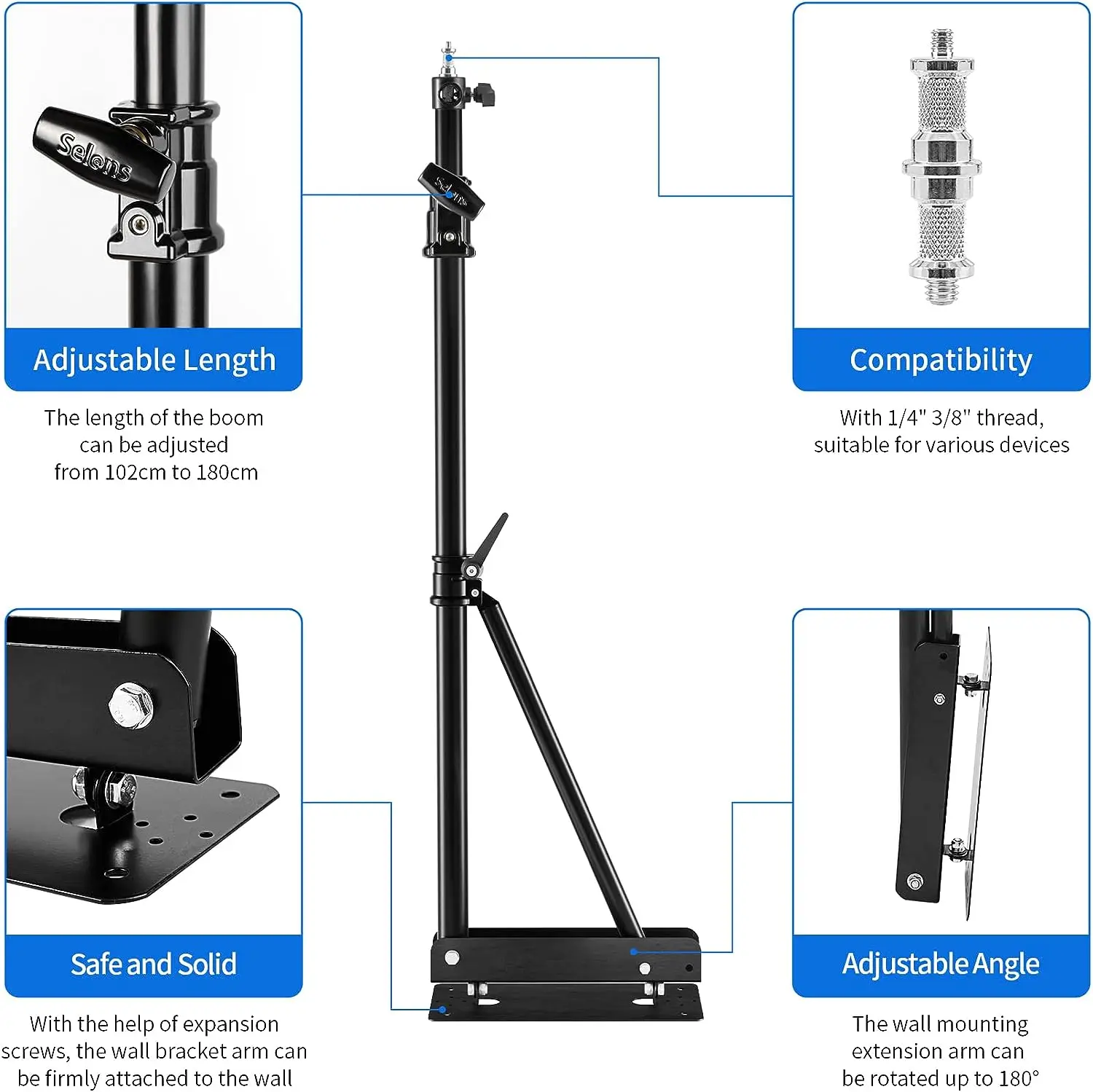 Brazo De Pared Kensbro 75-130 Cm - Soporte Telescópico, 180° Rotación, Para Luces Anillo, Micrófonos