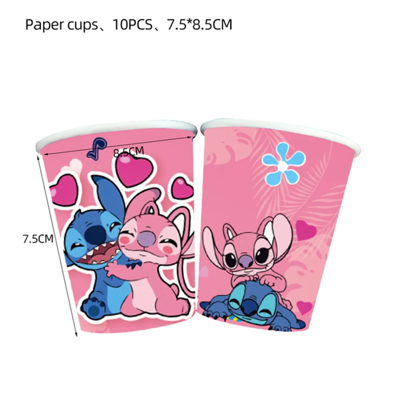 Birthday Tableware Set Disney Stitch Pink Angle Theme Paper Plates Napkins Cups for Kids Party Supplies Lilo & Stitch