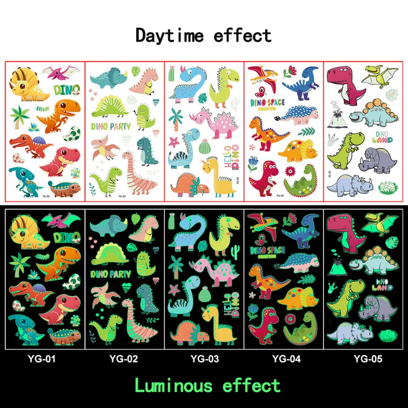 Tattoo Sticker Luminous Tattoo Stickers Temporary Colorful Animal Mermaid Dinosaur Tattoo 5 Sheets