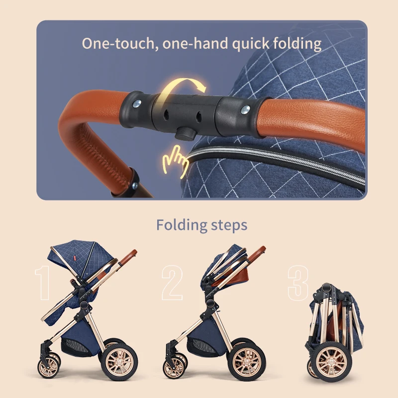 Fashion Baby Stroller 3 in 1 Folding Prams Portable Travel Baby Carriage Luxury Leather High Landscape Car