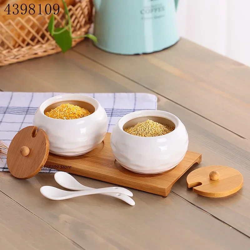 Ceramic Seasoning Pot spice container ceramic condiment pot Seasoning Box Wooden Tray Bottle Sugar Bowl Household Salt Pan with Spoon Kitchen Supplies