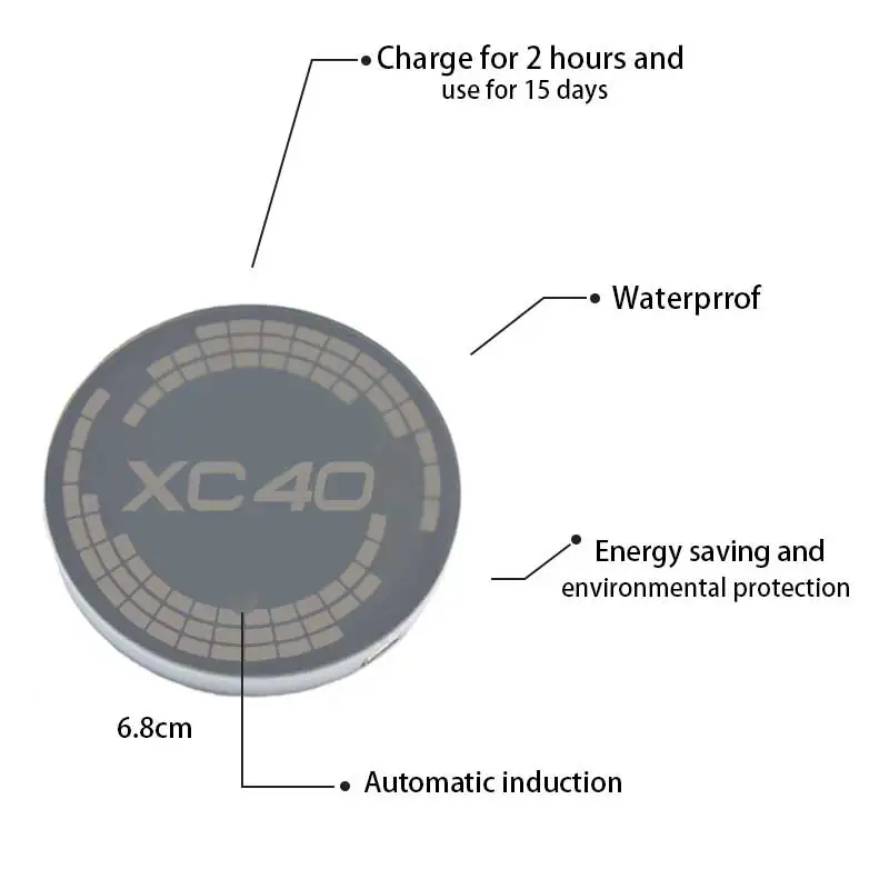 야광 자동차 워터 코스터 컵 거치대 패드, 볼보 XC40 로고 LED 음료 미끄럼 방지 매트, 분위기 조명 액세서리, USB 충전