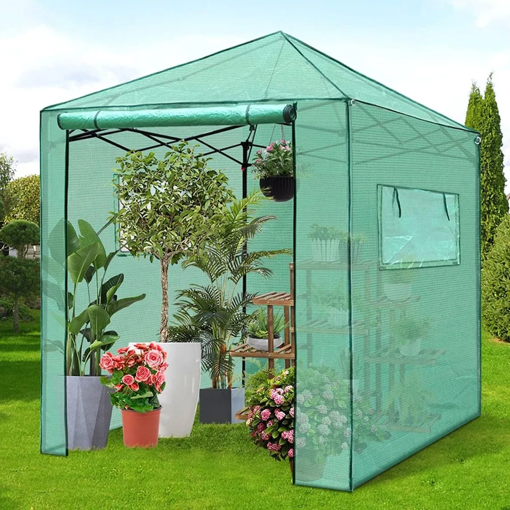 

8'x 8' Walk-in Greenhouse for Outdoor & Indoor Easy Pop Up Grow Greenhouses with Sturdy PE Cover and Roll-Up Windows & Door