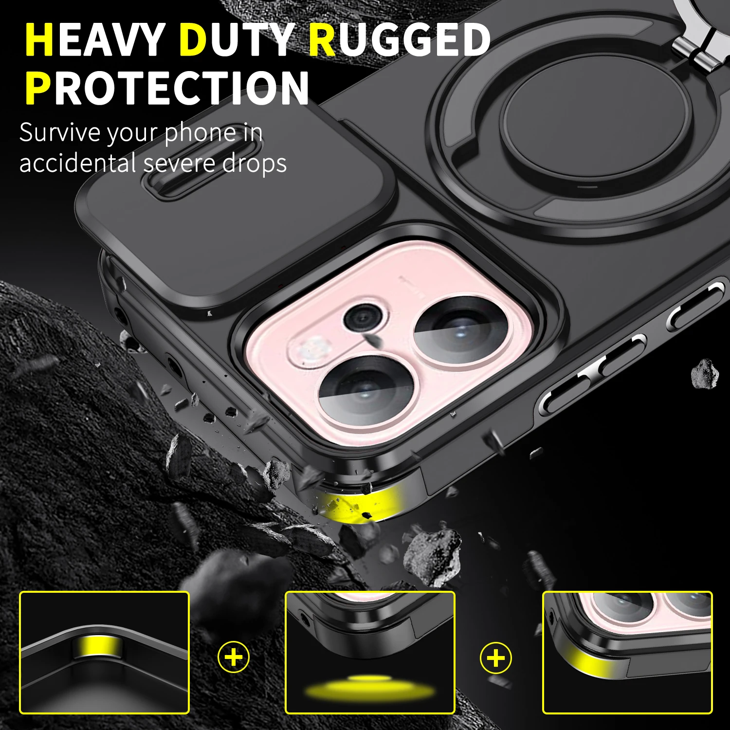 Enhanced Shockproof Armor Case with Car Magnetic Holder and Slide Lens Protector Cover