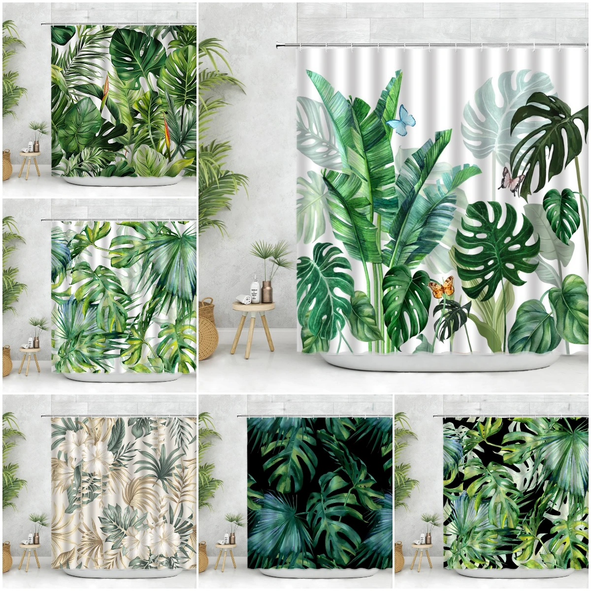 

Palm Leaf Shower Curtain, Tropical Greenery Floral Spring Modern Leaf Polyester Printed Fabric Bathroom Decorative Accessories