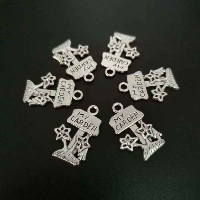 

50pcs Antique Silver Alloy Retro My Garden Charm Pendant Vintage Jewelry Findings Accessories 15x22mm