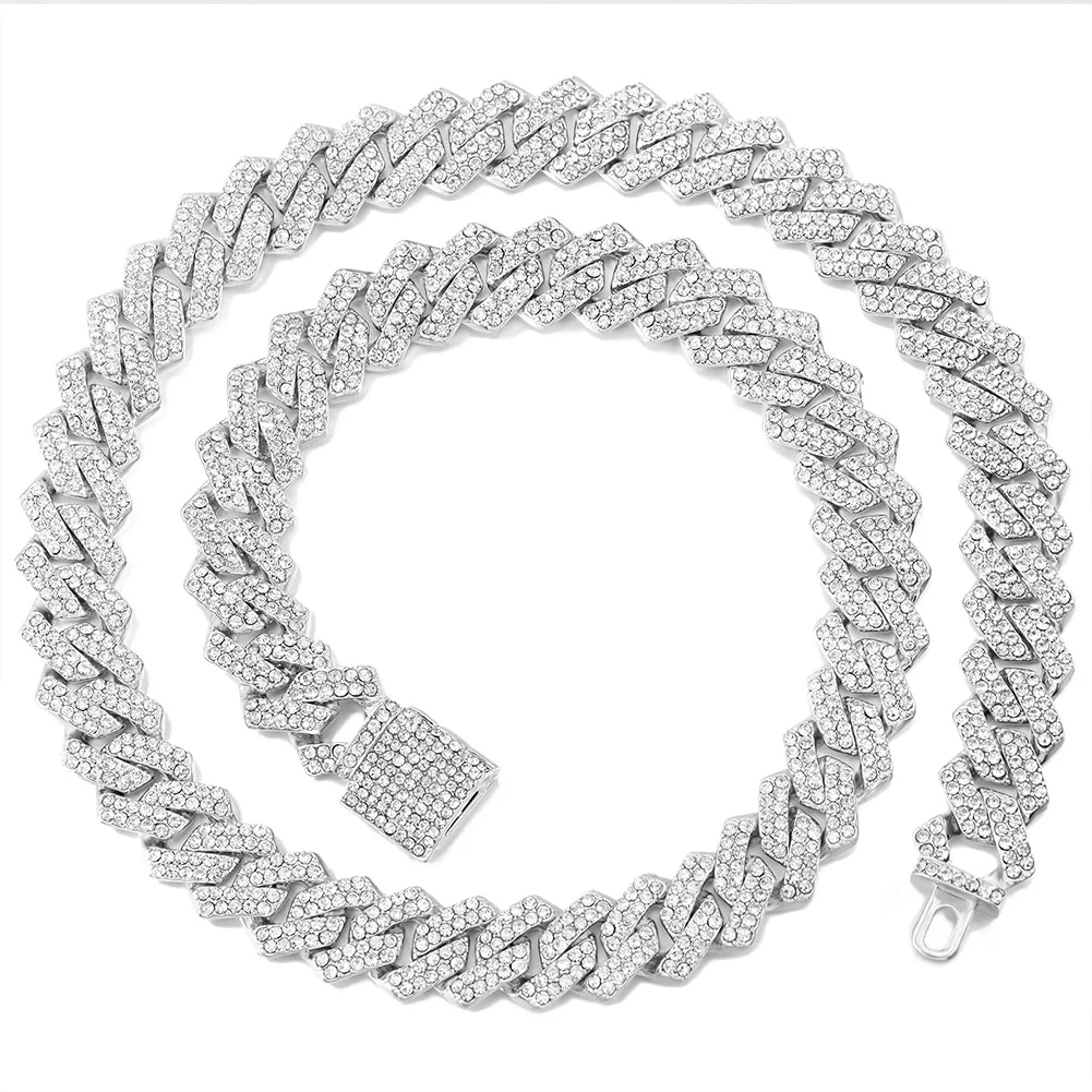 Iced Out Cuban Link Chain 14MM Prong Rhombus Diamond Cuban Chain Hip Hop Choker Necklaces Women Men Jewelry Wholesale