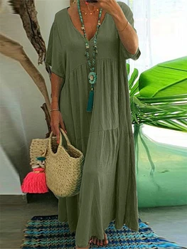 Plus Size 2025 Summer New V-neck Short Sleeve Pleated Solid Colour Loose Casual Midi Dress Basic Hem Pleated