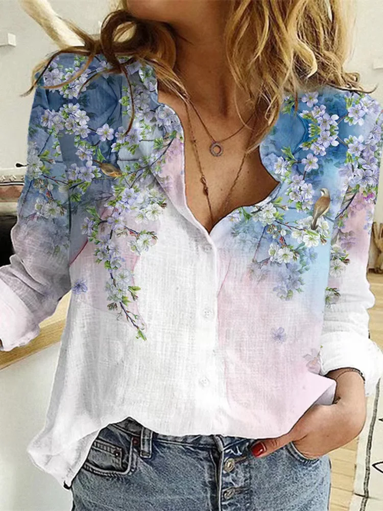 Chemise décontractée en coton confortable à manches longues et imprimé floral Boho rétro