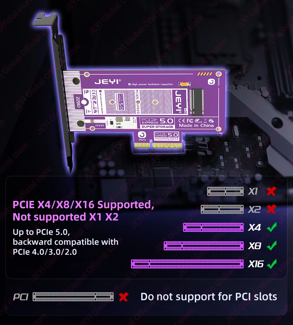 JEYI PCIe 5.0 auf M.2 NVMe-Adapterkarte, PCIE X4/X8/X16 auf M2 SSD-Abdeckung mit Aluminium-Kühlkörper für Gen5-SSDs 128 Gbit/s PCIe 5.0 – Detail 7